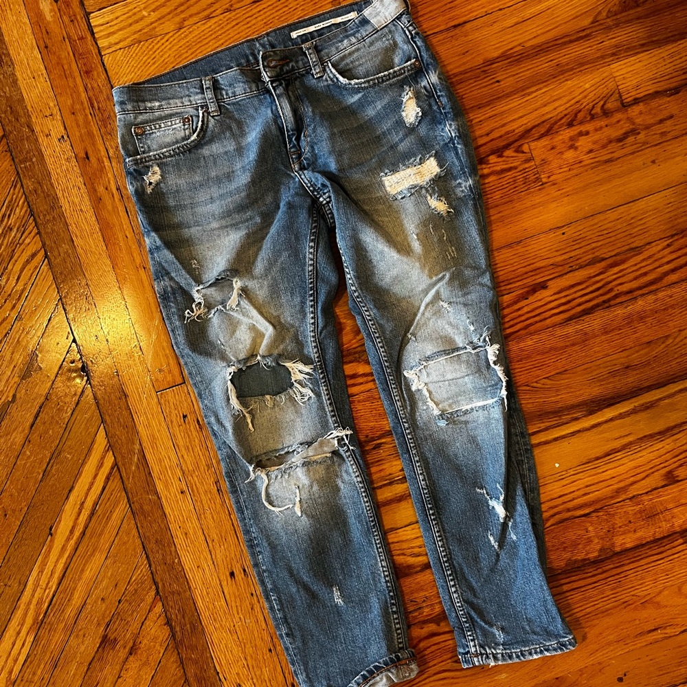 Zara Women’s Distressed Ripped Blue Straight Leg Jeans
